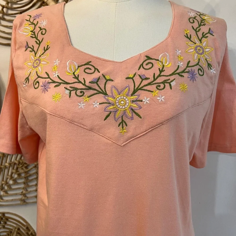 Vintage Pink Embroidered Pajama Set Cotton Lounge Set Cottagecore Floral M